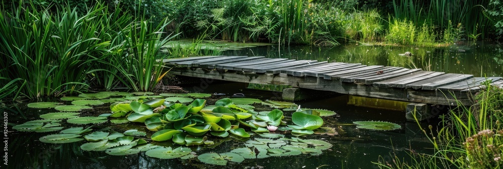Vibrant Terrestrial Flora and Grass Flourishing Near a Wooden Bridge Beside a Pond