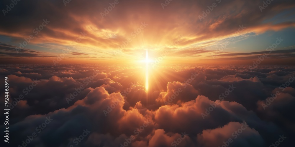 A radiant light and cross shining brightly above the clouds in heaven A radiant light and cross shining brightly above the clouds in heaven
