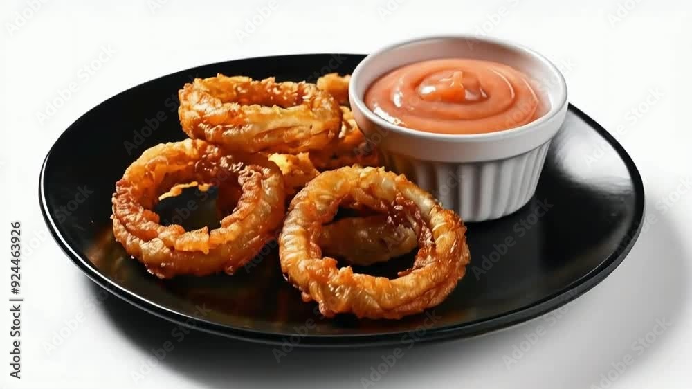 A plate of onion rings, crispy golden-brown batter and tender onion inside with a side of dipping sauce, served on a black plate, isolated on a white background A plate of onion rings, crispy golden-brown batter and tender onion inside with a side of dipping sauce, served on a black plate, isolated on a white background