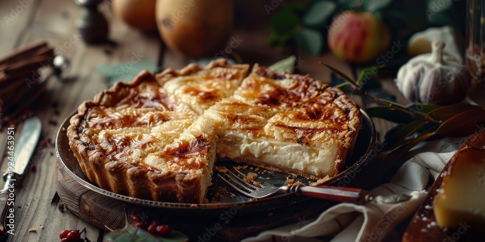 Fresh Romanian Cheese Pie with Fork and Knife Fresh Romanian Cheese Pie with Fork and Knife