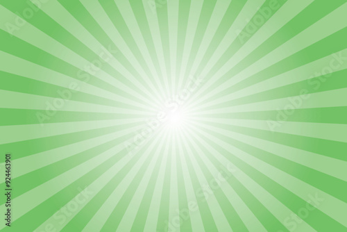 Green background with sun ray. Pattern of starburst. Abstract mantis green texture with light of sunburst. Radial beam of sunlight. Retro background with flash. Design of sunbeams. Vector.