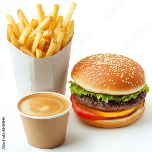 Fast Food Delights: A Tasty Arrangement of Hamburger, Fries, and Coffee on a White Background, Capturing the Essence of Quick Mealtime, Food, suitable for food blogs and food websites photo