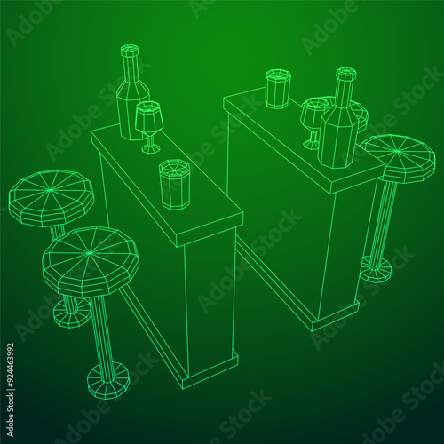 Bar counter with stools, bar top with bottles and glasses. Wireframe low poly mesh vector illustration.