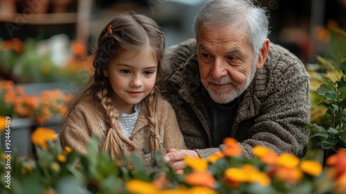grandfather with senior girl small gardening in the backyard garden