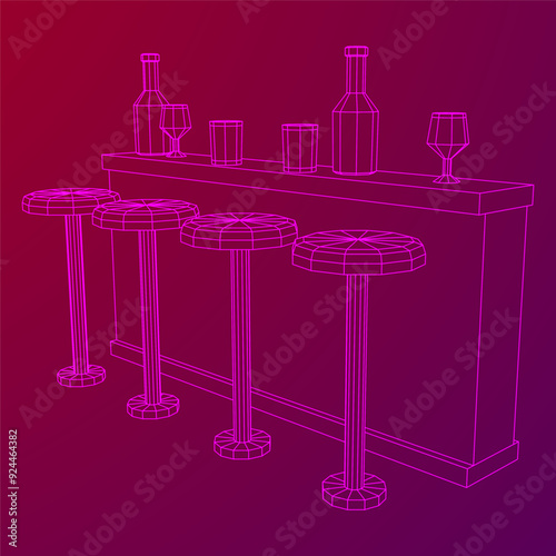 Bar counter with stools, bar top with bottles and glasses. Wireframe low poly mesh vector illustration.