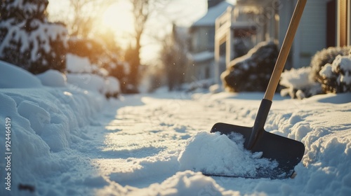 Snow Shovel on a Snowy Sidewalk