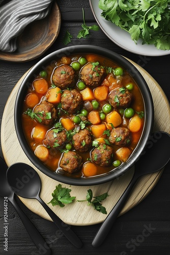 Rustic Turkish Meatball Stew  (Sulu Kofte) with Vegetables and Fresh Herbs photo