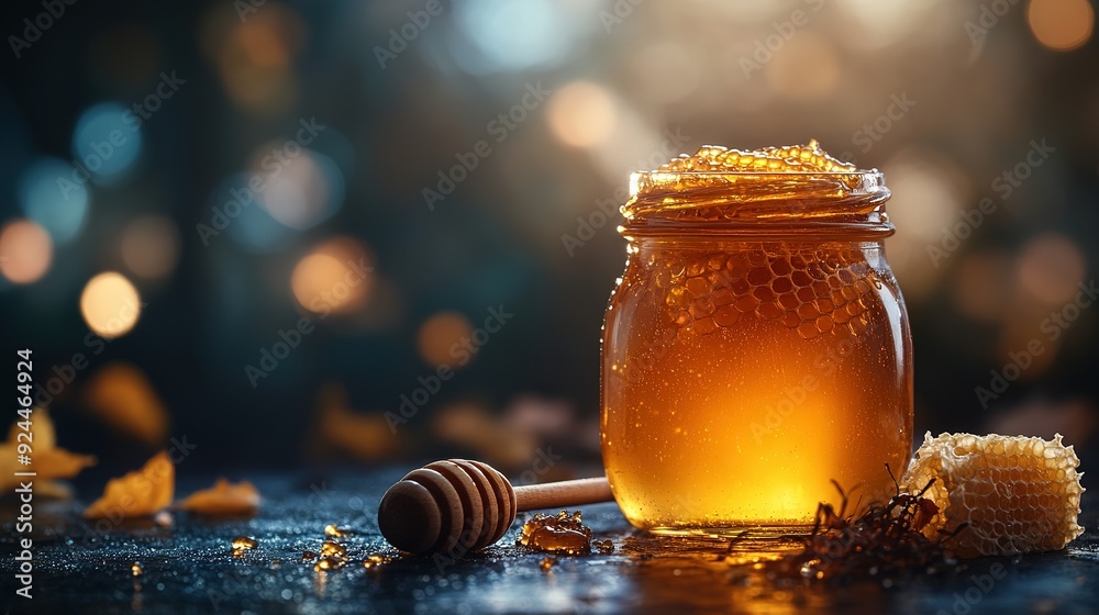 Golden Honey in a Glass Jar with Honeycomb and Dipper Golden Honey in a Glass Jar with Honeycomb and Dipper