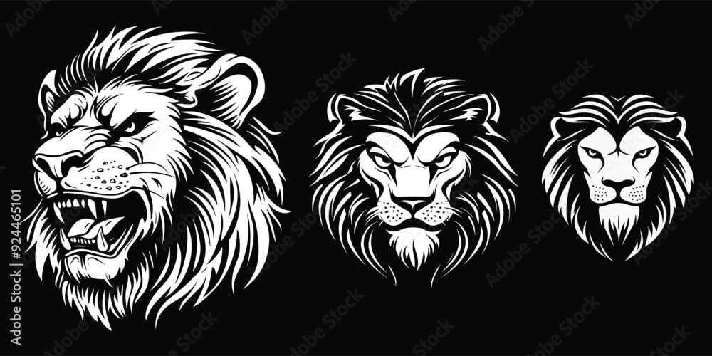 Collection of Lion Head Logo Designs. Vector Tattoo Templates featuring icons, symbols, and cartoon-style jungle animals in black and white.