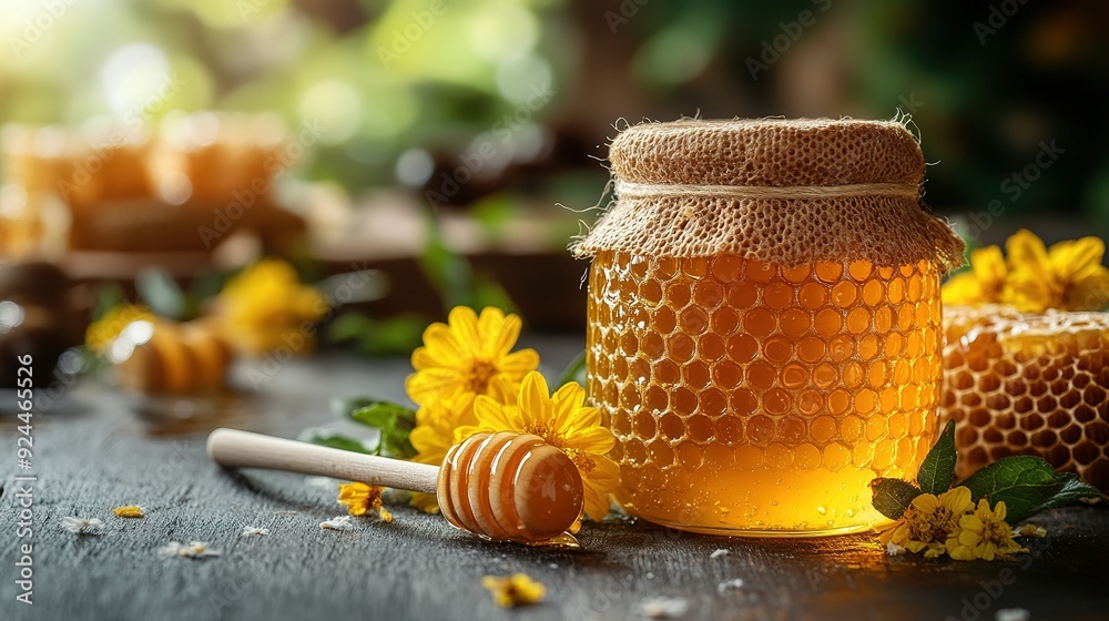 Honeycomb Jar with Flowers and Wooden Honey Dipper on Rustic Table Honeycomb Jar with Flowers and Wooden Honey Dipper on Rustic Table