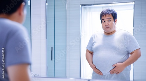 A person examines their reflection, displaying a surprised expression, while standing in a bathroom with bright light and modern decor photo