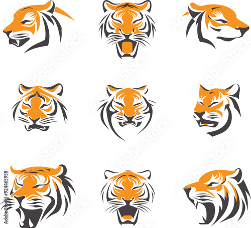 Collection of Tiger Head Designs. Logos, Icons, and Symbols in Various Styles, Including Cartoon and Minimalist, Isolated on White Background – Jungle Animal Vector Illustrations photo