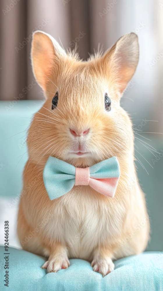 Obraz premium A guinea pig dressed in a bow tie sits peacefully, exuding charm and cuteness in a warm, softly lit interior