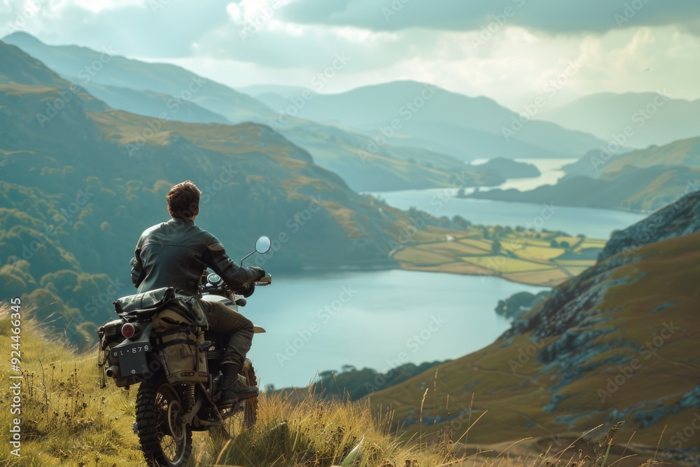 A person riding a motorcycle down a hill near a serene lake, great for outdoor or adventure concepts
