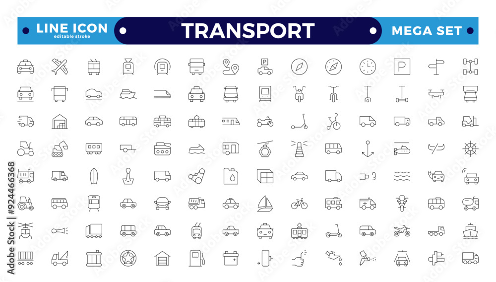 Transport outline icon set. Shipping And Courier icon. Containing order tracking, delivery home, warehouse, truck, scooter, courier Sea Air, Return Search Parcel. Editable stroke outline icon. Transport outline icon set. Shipping And Courier icon. Containing order tracking, delivery home, warehouse, truck, scooter, courier Sea Air, Return Search Parcel. Editable stroke outline icon.