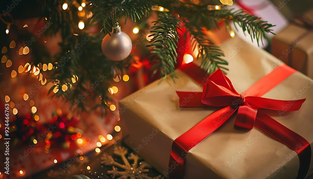 A beautifully wrapped Christmas gift with a red ribbon and bow placed under a decorated Christmas tree with sparkling lights in the background. A beautifully wrapped Christmas gift with a red ribbon and bow placed under a decorated Christmas tree with sparkling lights in the background.