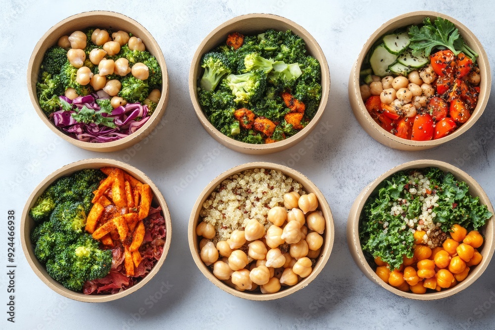 Takeaway food salads Buddha bowl in round cardboard containers. with generative ai Takeaway food salads Buddha bowl in round cardboard containers. with generative ai