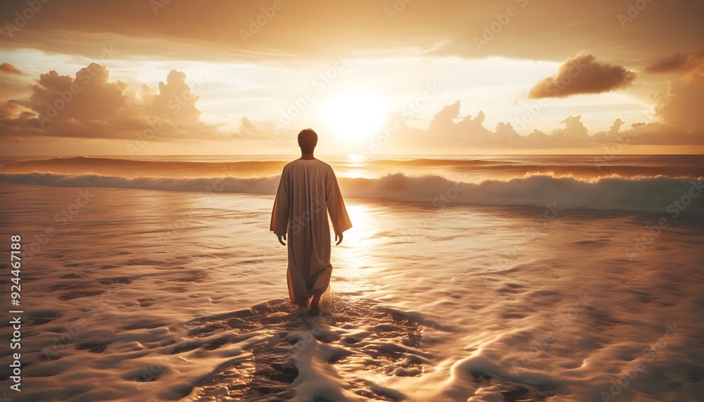 back view of a Christian believer walking through the ocean water before sunset back view of a Christian believer walking through the ocean water before sunset