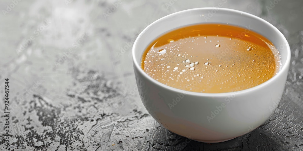Beef bone broth gelatin in a white bowl close up shot Beneficial collagen for joint health in the broth Beef bone broth gelatin in a white bowl close up shot Beneficial collagen for joint health in the broth