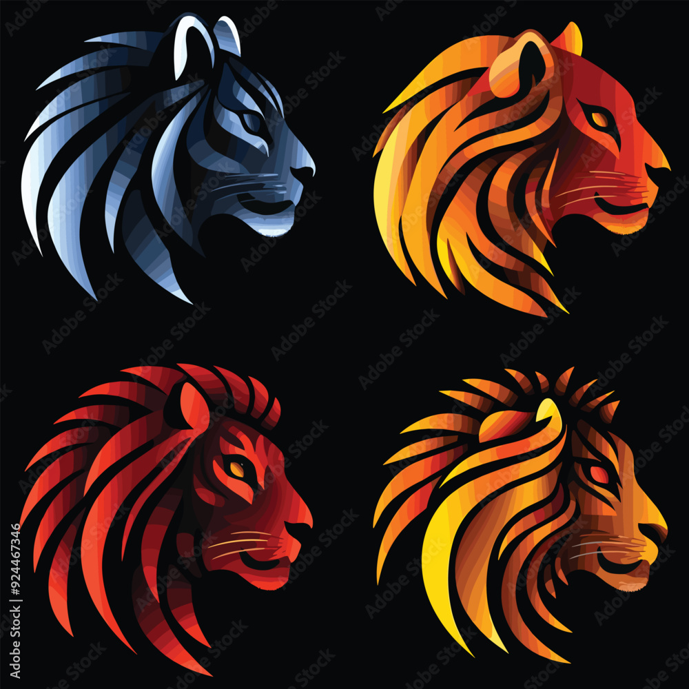 Fototapeta premium Collection of Lion Face Logo Emblems for Business Branding. Vector Illustration Design Elements. Logos, Icons, Symbols, Cartoon Style, Jungle Animal