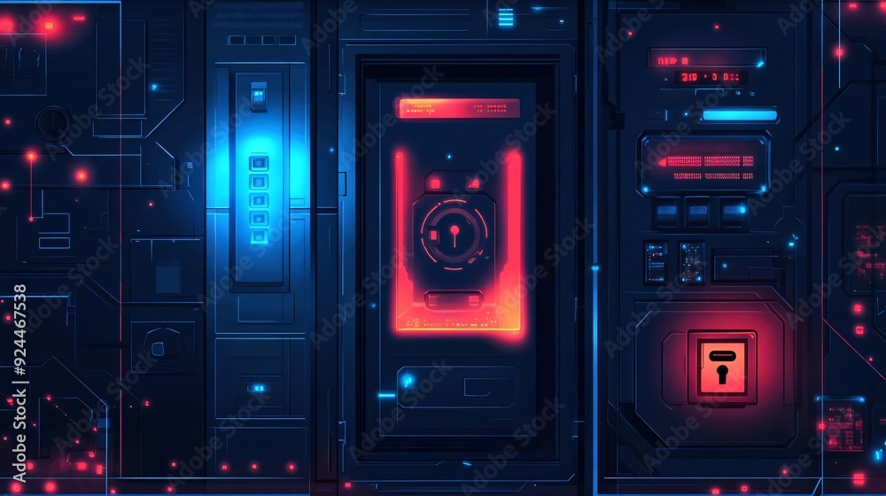 Futuristic digital security system with glowing locks and circuits, representing advanced technology and cybersecurity.