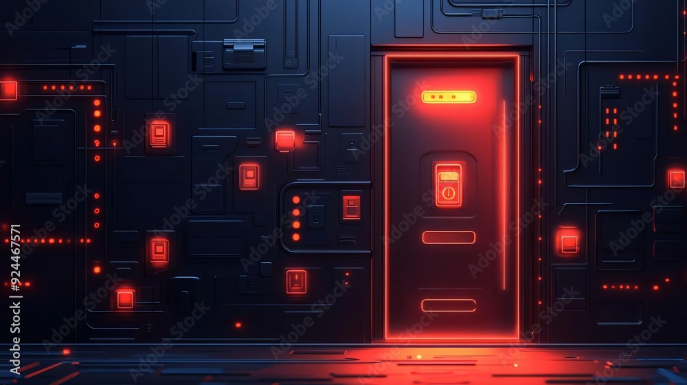 Futuristic door in a high-tech environment, illuminated with neon red lights, showcasing advanced digital circuitry and design. Futuristic door in a high-tech environment, illuminated with neon red lights, showcasing advanced digital circuitry and design.