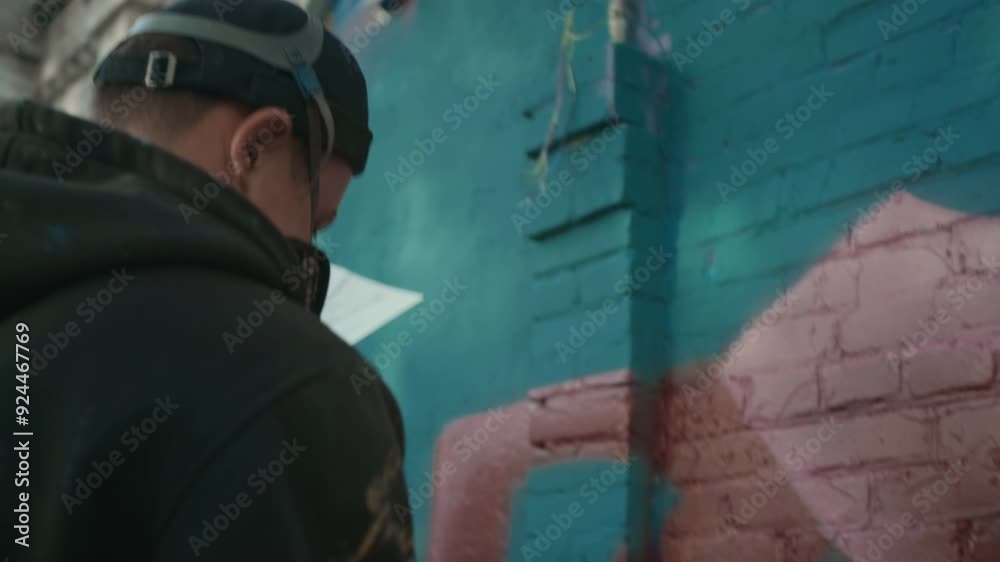 Medium tilting rear shot of male graffiti artist in respirator mask working on colourful bright tag design on brick wall of urban building, detailing pink and red background with blue spray paint Medium tilting rear shot of male graffiti artist in respirator mask working on colourful bright tag design on brick wall of urban building, detailing pink and red background with blue spray paint