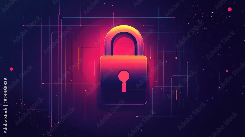 A vibrant digital lock symbolizing cybersecurity and data protection, set against a modern abstract background.