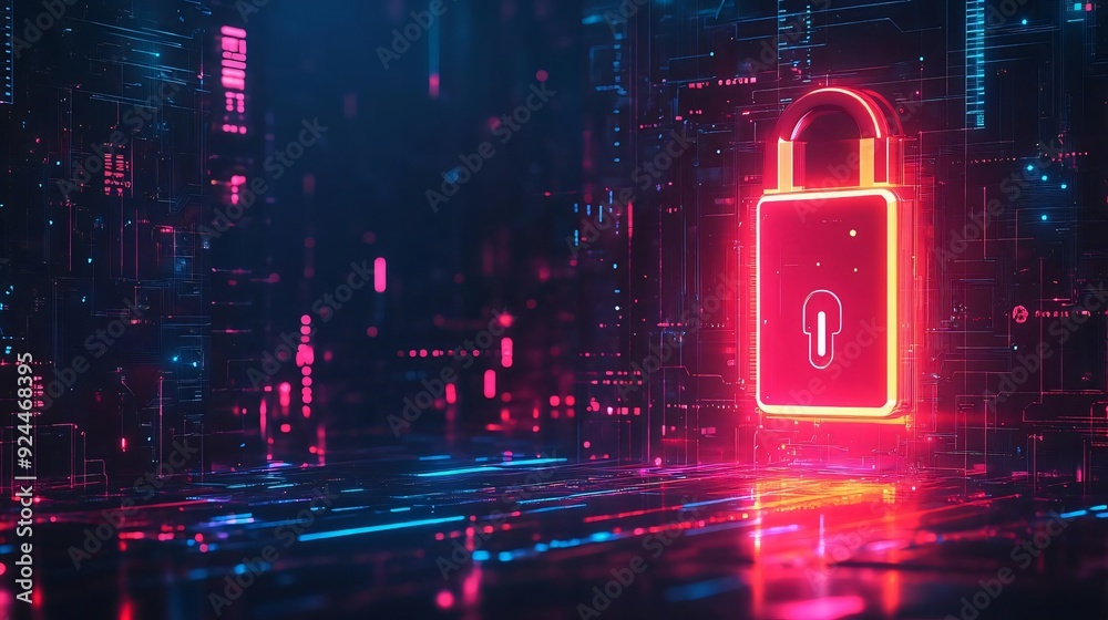 A vibrant digital scene with a glowing lock, symbolizing cybersecurity and data protection in a technological environment. A vibrant digital scene with a glowing lock, symbolizing cybersecurity and data protection in a technological environment.