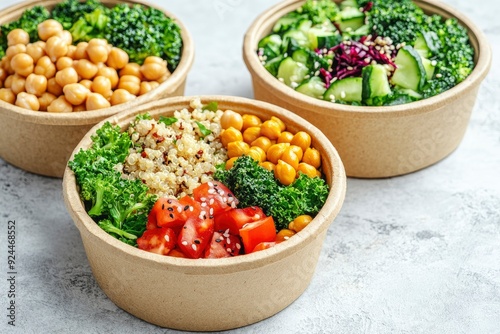 Takeaway food salads Buddha bowl in round cardboard containers. with generative ai