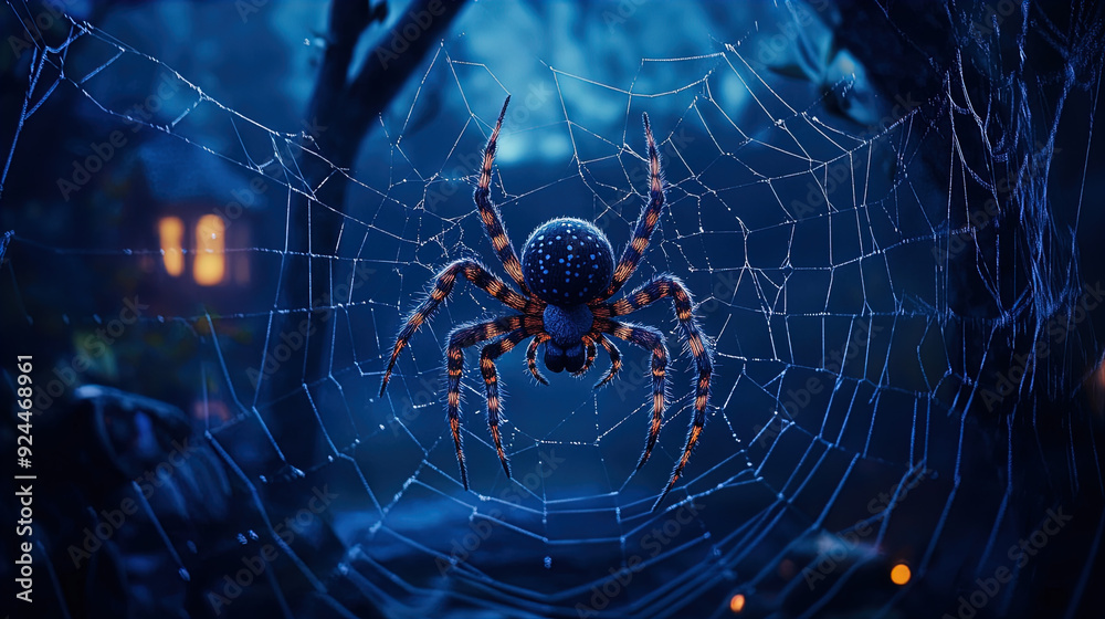 A close-up view of a spider resting in the middle of its intricate web, set against a dark, eerie outdoor backdrop. The spider is detailed and vividly colored with a spotted pattern on its abdomen, wh A close-up view of a spider resting in the middle of its intricate web, set against a dark, eerie outdoor backdrop. The spider is detailed and vividly colored with a spotted pattern on its abdomen, wh