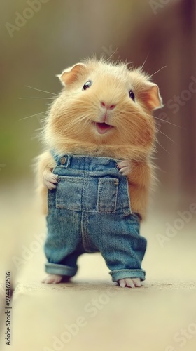 A playful guinea pig stands upright in denim overalls, showcasing its cheerful expression in a sunny outdoor environment
