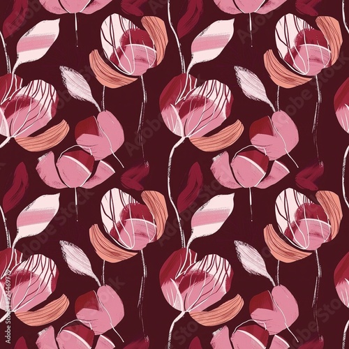 Seamless pattern of tulips, hand-painted in pink and burgundy tones, with smooth brush strokes and soft edges on a maroon background. The design is suitable for printing on fabric or wallpaper