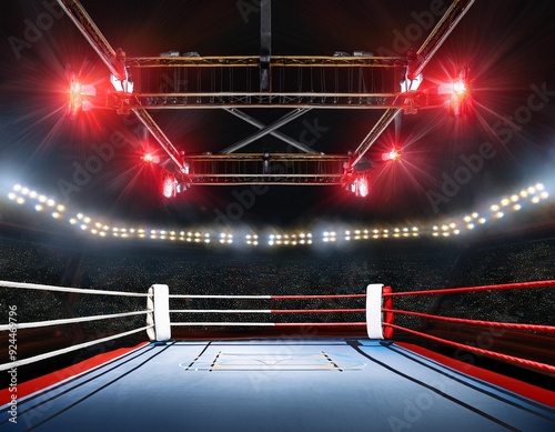 Un ring de boxeo/lucha lleno de luces, listo para el espectáculo