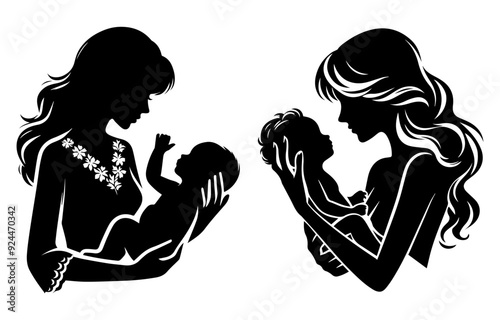 Breastfeeding silhouette vector.  Mother feeding breast milk to baby black filled vector Illustration icon, mom plays with baby set silhouette on white background vector