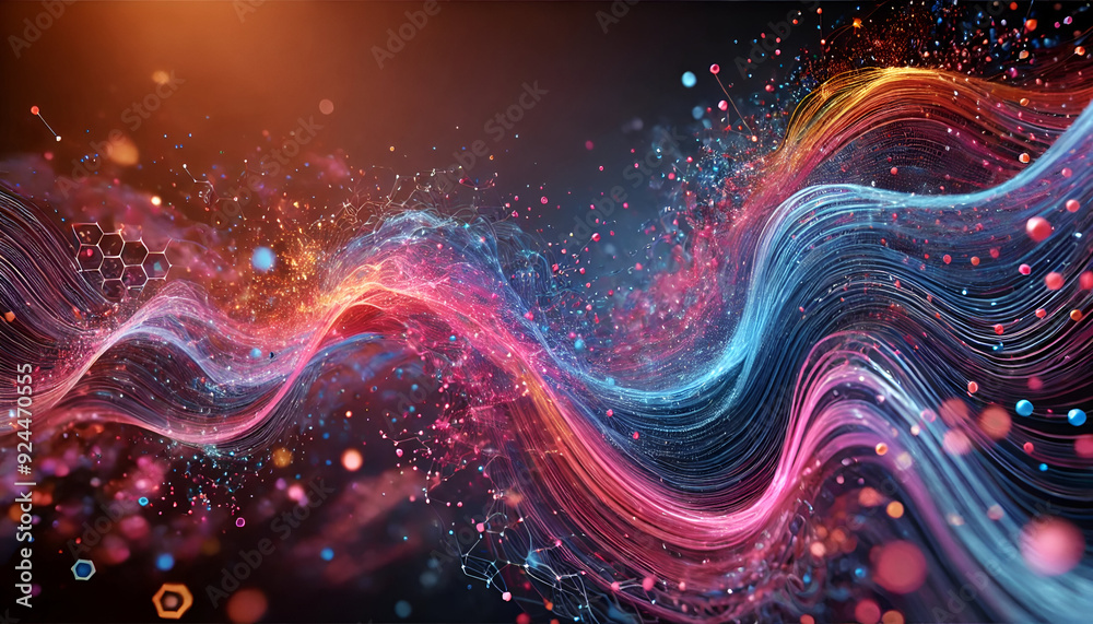 Obraz premium Dynamic Abstract Digital Wave of Colorful Particles and Light Representing Data Flow, Technology, and Energy in a Futuristic, Energetic Composition