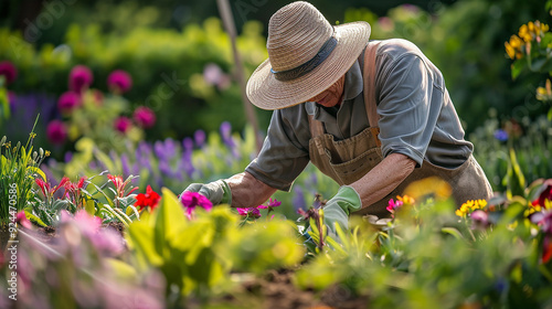 A Gardener Planting Flowers in a Garden Wearing a Sun Hat