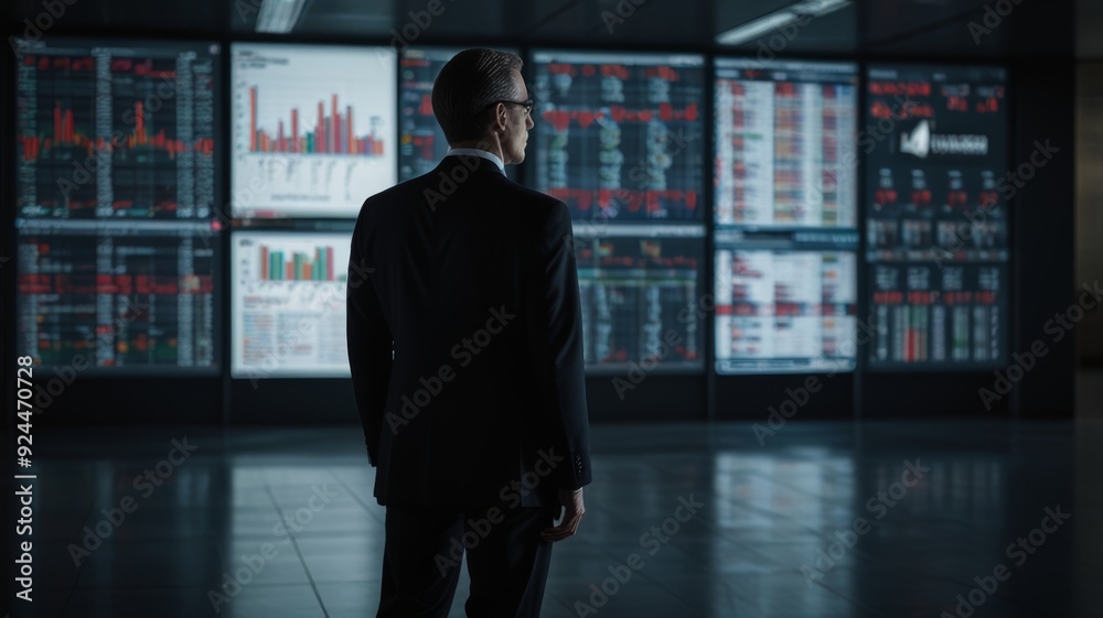 Fototapeta premium A man in a dark business suit stands with his back to us in a white hall. He is looking at a large information board