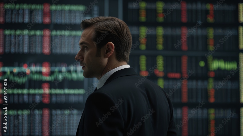 Fototapeta premium A man in a dark business suit stands with his back to us in a white hall. He is looking at a large information board