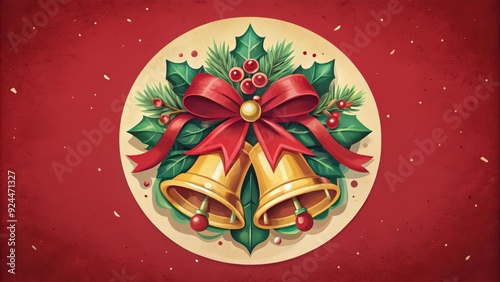 Two Golden Bells with Red Bow and Holly Wreath photo