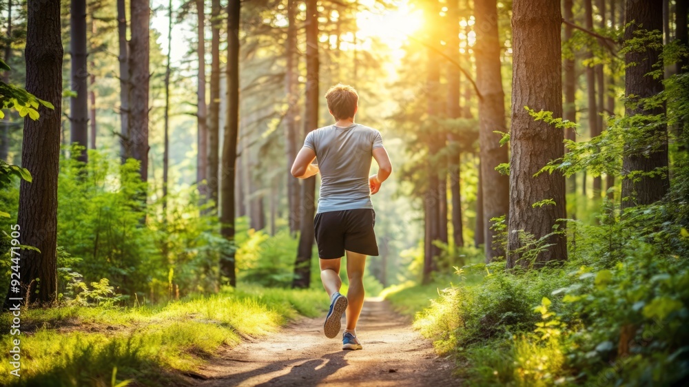 Obraz premium Man Running Through Forest Trail at Sunset.