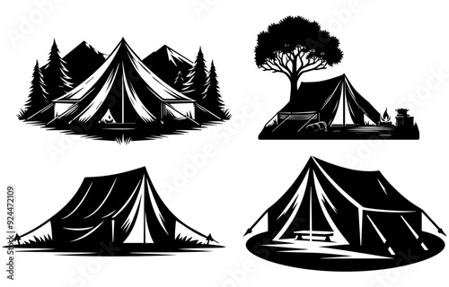 camping tent silhouette, Family silhouettes. Father, mother and children set up a tent in the forest. Vector illustration, Silhouette camping tent set, Tourist tent, glamping dome, monochrome