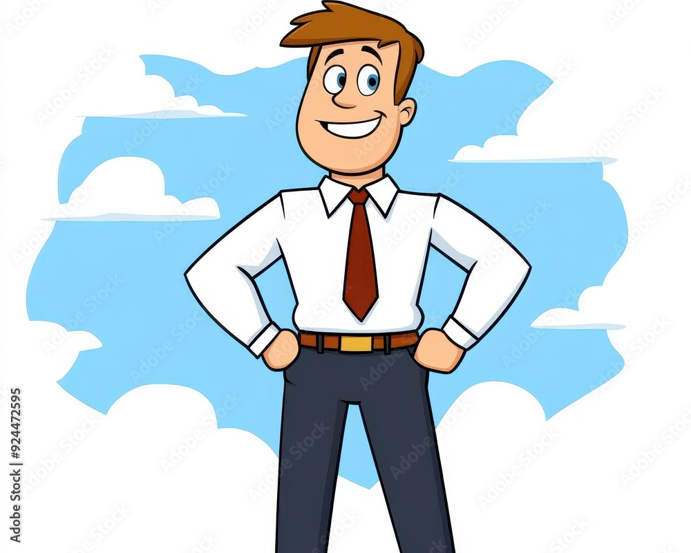 A cheerful businessman standing confidently against a blue sky background, symbolizing success and positivity. A cheerful businessman standing confidently against a blue sky background, symbolizing success and positivity.
