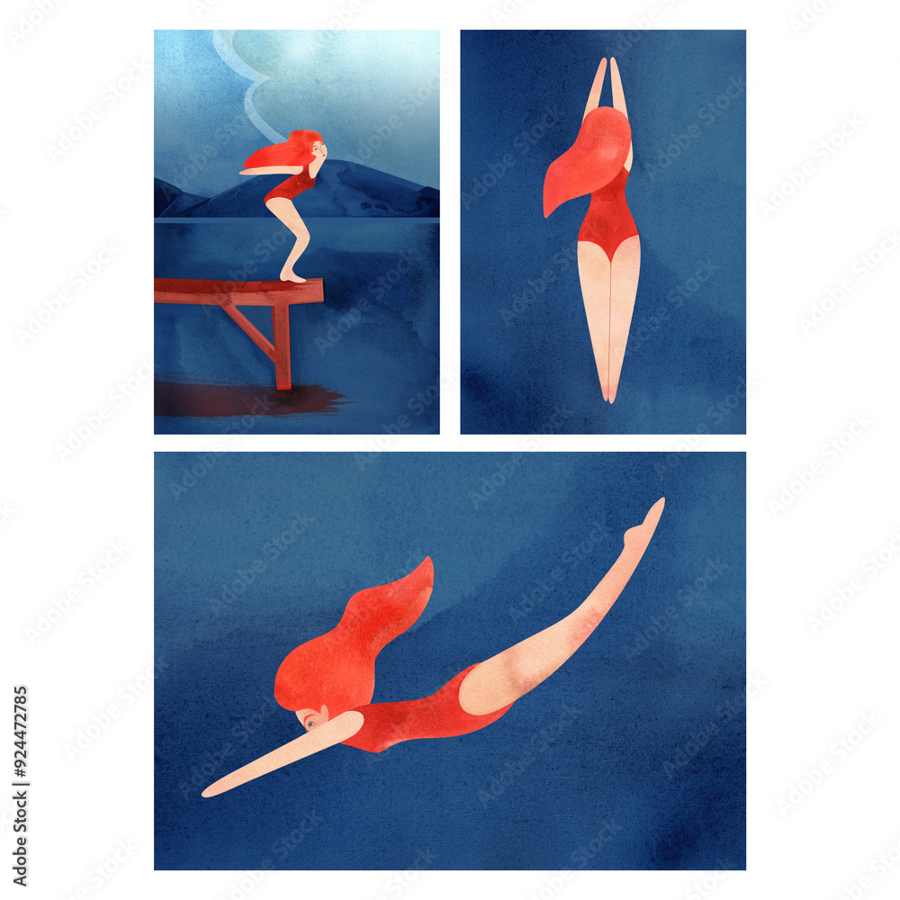 Swimmers, diving, scuba diving, summer holidays at water resorts. Sports, hobbies and recreation. Set of watercolor templates for cards. Swimmers, diving, scuba diving, summer holidays at water resorts. Sports, hobbies and recreation. Set of watercolor templates for cards.
