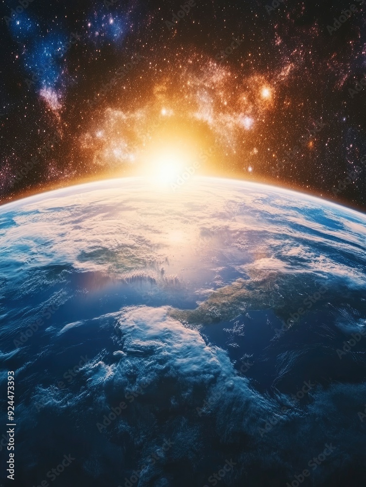 View of the Earth, star and galaxy. Sunrise over planet Earth, view from space. Concept on the theme of ecology, environment, with generattive ai View of the Earth, star and galaxy. Sunrise over planet Earth, view from space. Concept on the theme of ecology, environment, with generattive ai