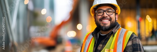 A construction worker wearing a safety vest and hard hat smiles confidently on a construction site, showcasing his dedication and positivity.