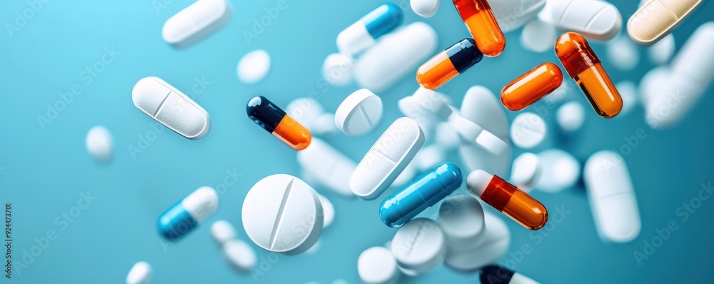 custom made wallpaper toronto digitalColorful assortment of various pills and capsules floating in mid-air, showcasing the diversity of medications available.