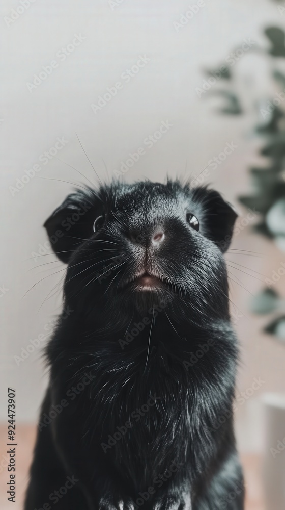 A gentle black guinea pig looks up, showcasing its inquisitive nature in a warm and inviting indoor space A gentle black guinea pig looks up, showcasing its inquisitive nature in a warm and inviting indoor space