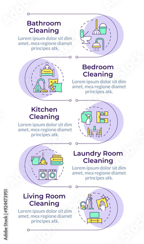 Home cleaning infographic vertical sequence. Dusting furniture, housework. Housekeeping service. Visualization infochart with 5 steps. Circles workflow. Montserrat SemiBold, Lato Regular fonts used