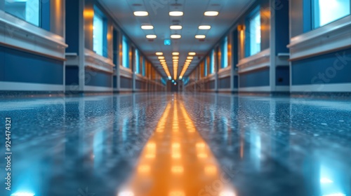 Perspective of a Hospital Hallway with Light Reflecting off the Floor